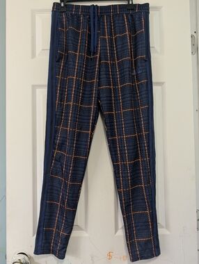 Adidas Men's Navy Blue Track Pants with Orange Windowpane Zize M